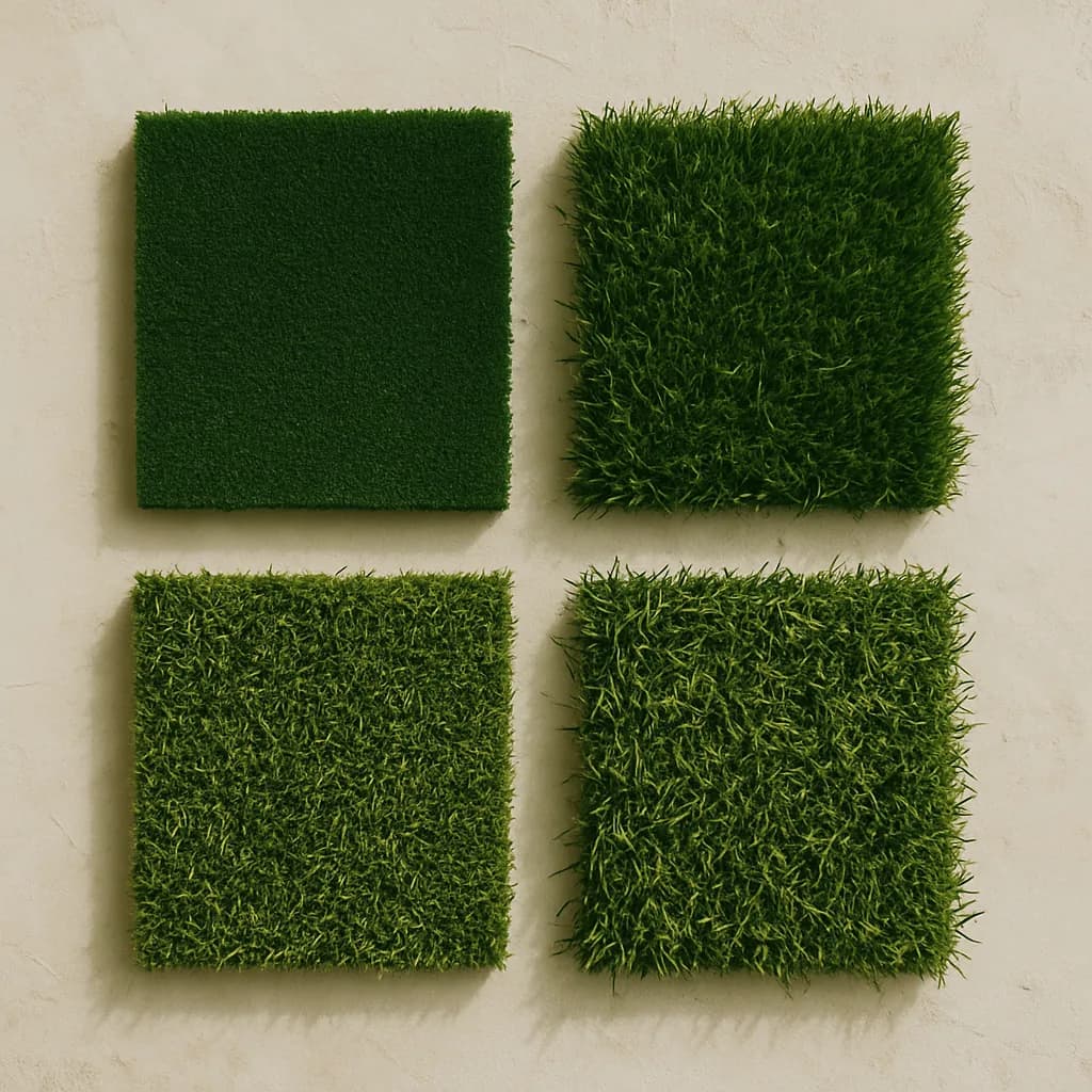 Four artificial grass pile samples laid out for comparison