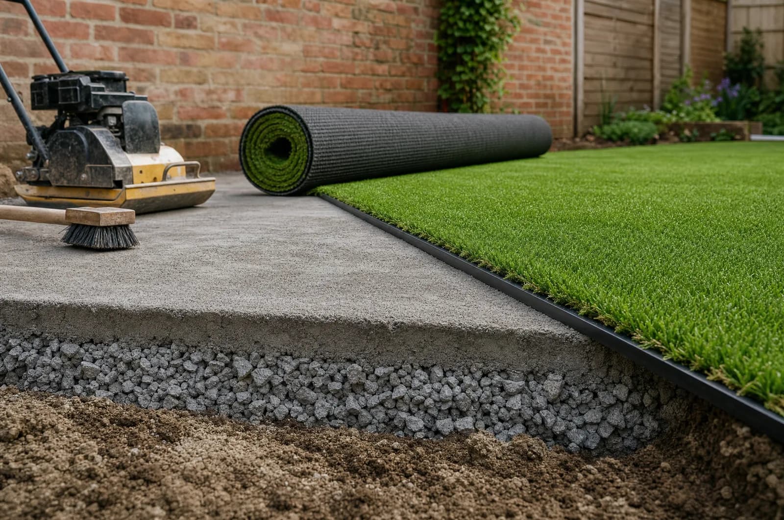 A part-finished artificial grass installation showing the compacted sub-base beside laid turf