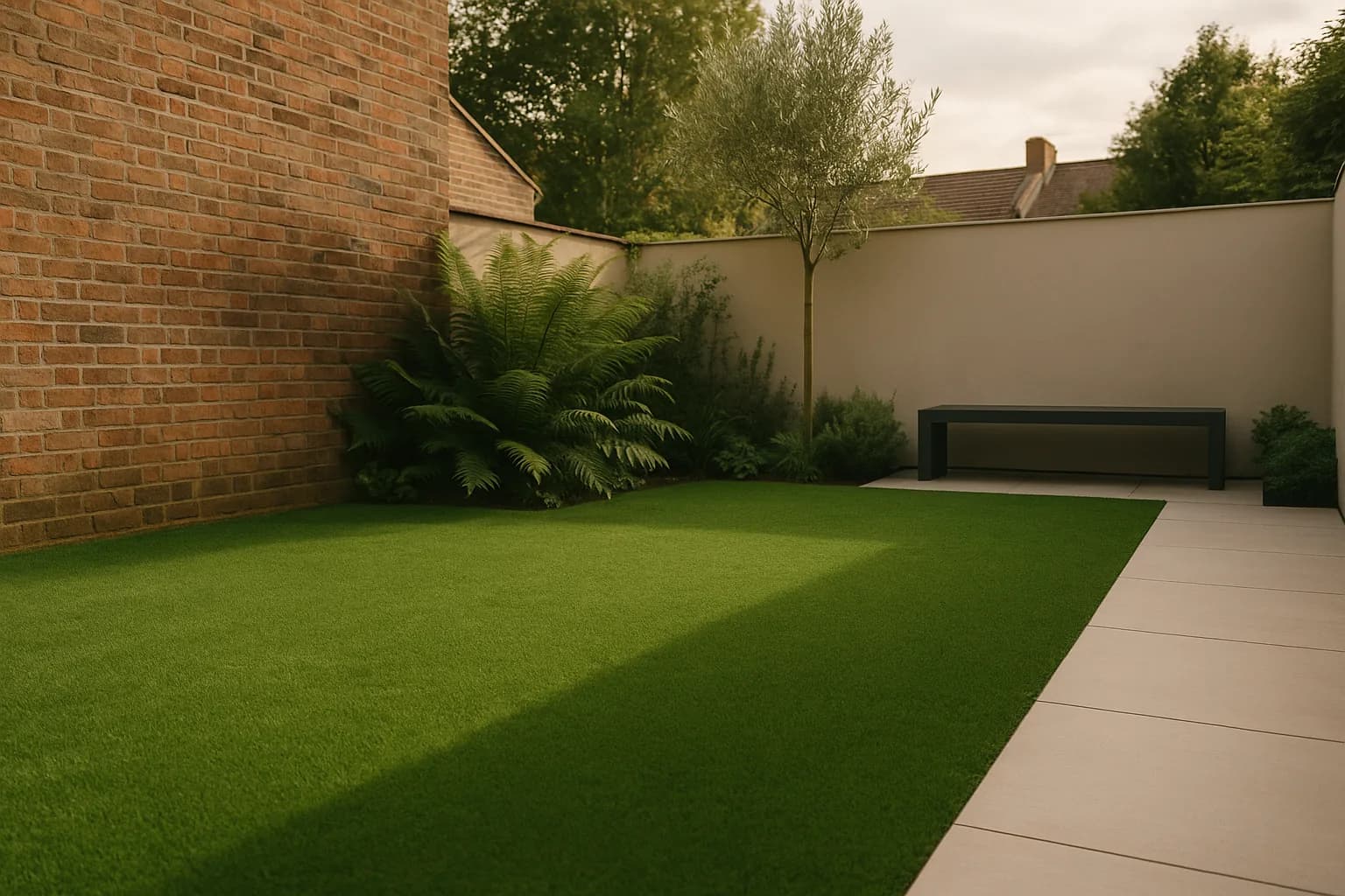 A finished artificial grass lawn beside porcelain paving in a British back garden at golden hour
