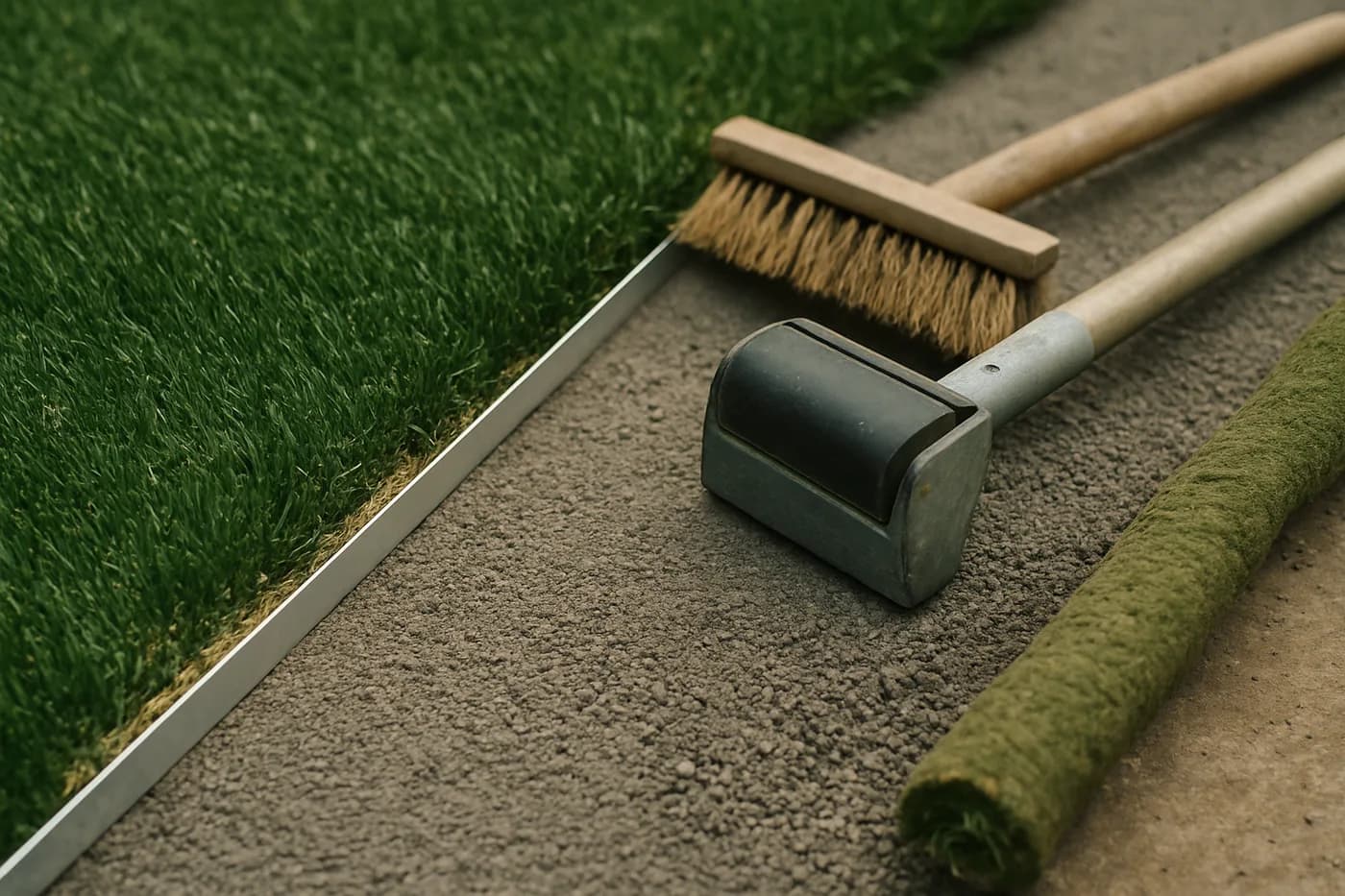 Freshly laid artificial grass meeting an aluminium edging rail over a compacted sub-base