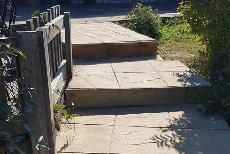 Cladding concrete steps with patio slabs. #outsidesteps #gardensteps #landscapingsomerset #landscapingwells