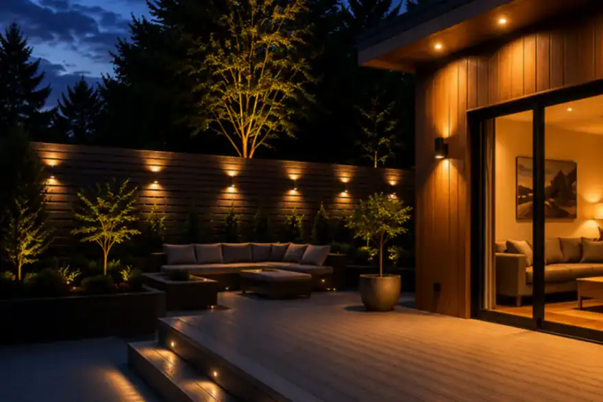 Outdoor wooden deck at dusk with warm LED step lights, a sectional sofa, planters, and trees; interior living space glowing through sliding doors.
