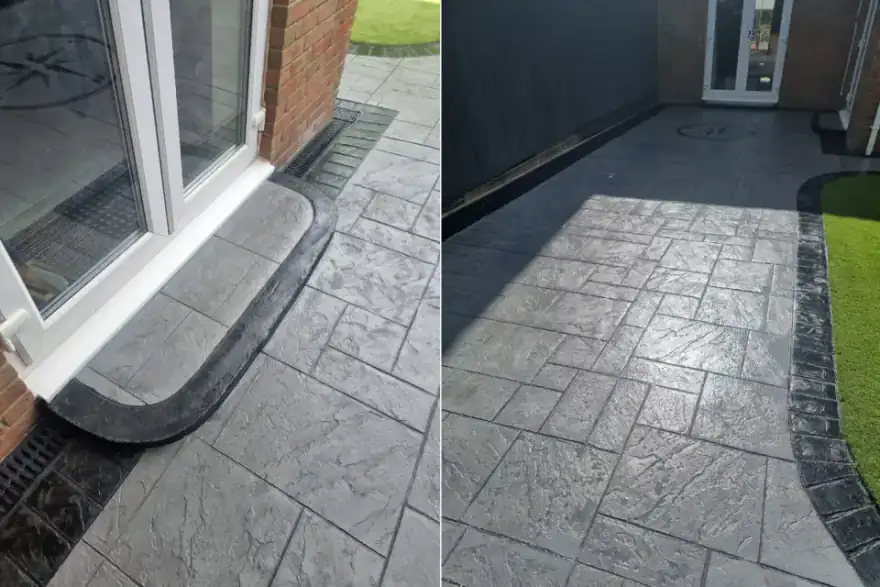 Rear Garden Pattern Concrete Patio + Artificial Grass Lawn Tyldesley Wigan