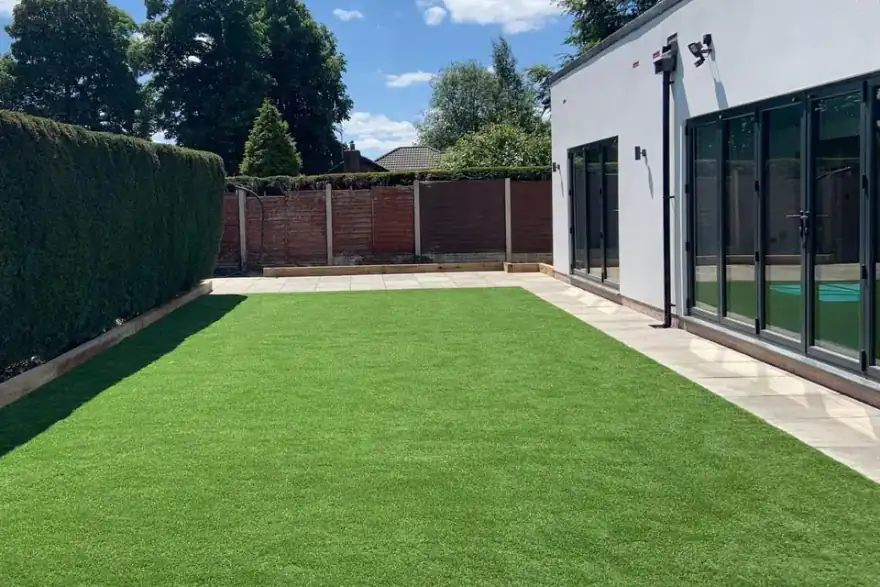 Artificial grass and landscaped garden