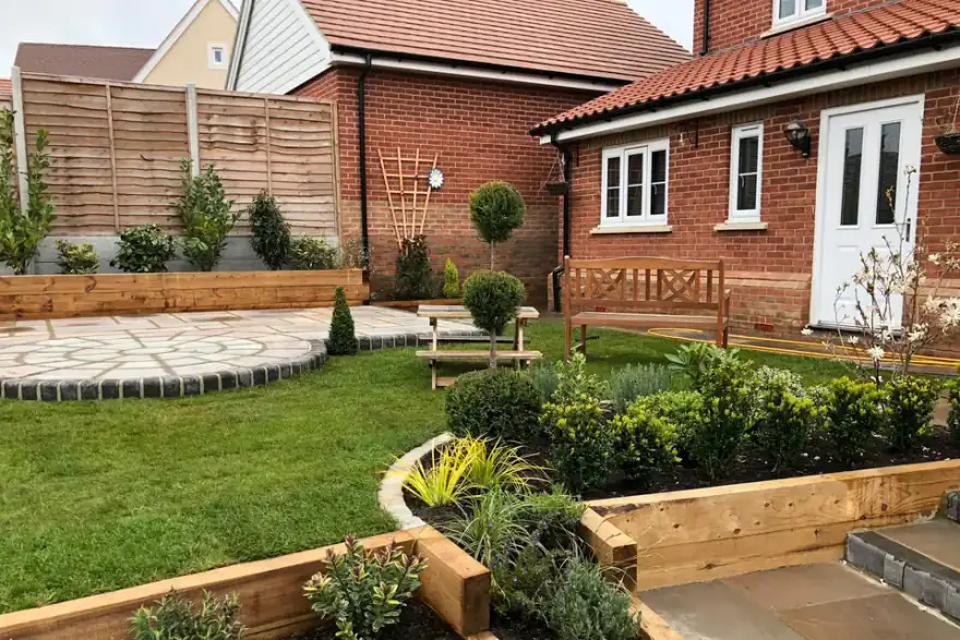 Landscaped garden with patio and lawn
