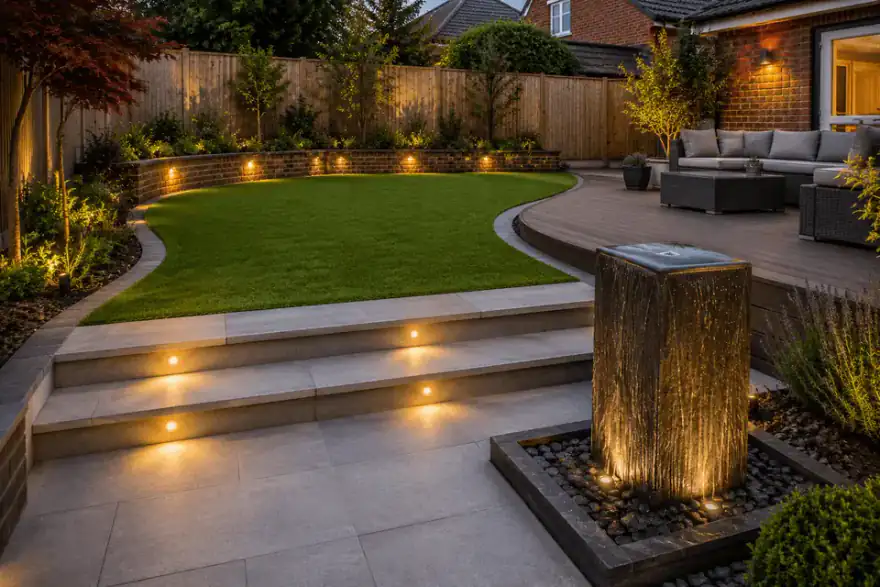 Modern porcelain patio, curved lawn, composite decking and garden lighting in Wynyard