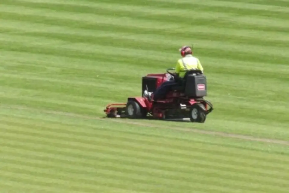 Professional groundsman mowing striped turf on a ride-on mower