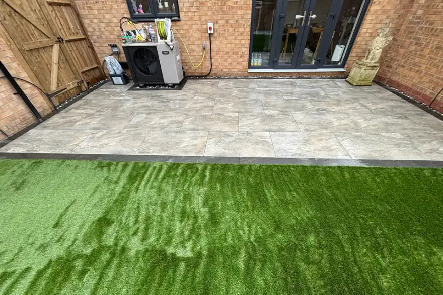 Recent NewScape project: Earthcore Grey Porcelain Patios with Artificial Grass in Basildon, Essex