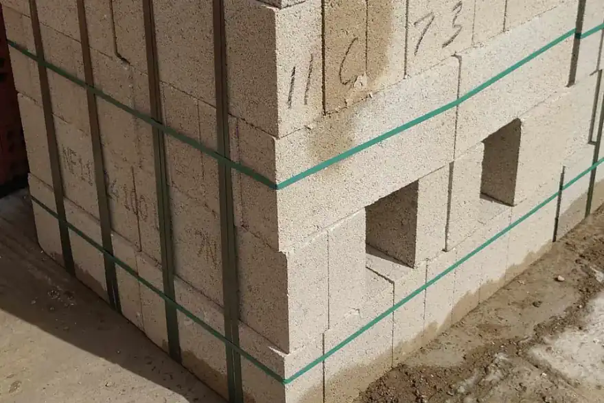 On a sandy, uneven construction site, a stack of light-colored CEMEX CONCRETE BLOCKS 7.3 n is secured with green straps. Some blocks have hollow sections and are marked with
