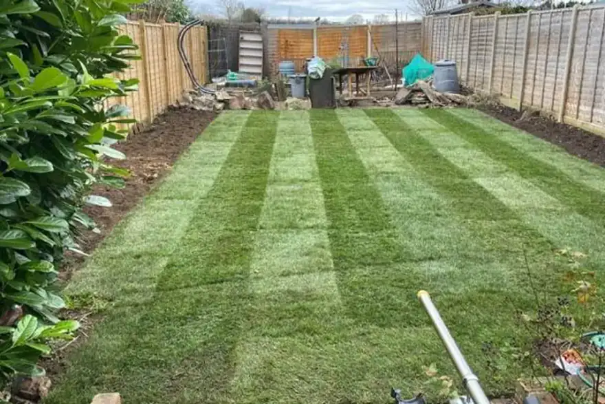 Freshly laid striped turf lawn — turf laying project in Reading, Berkshire