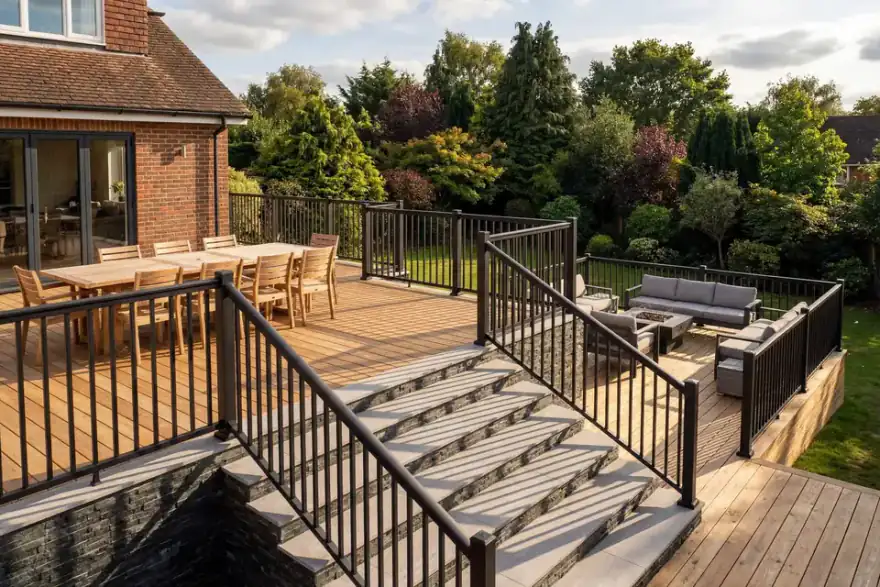 Aluminium balustrade fitted to raised residential decking area