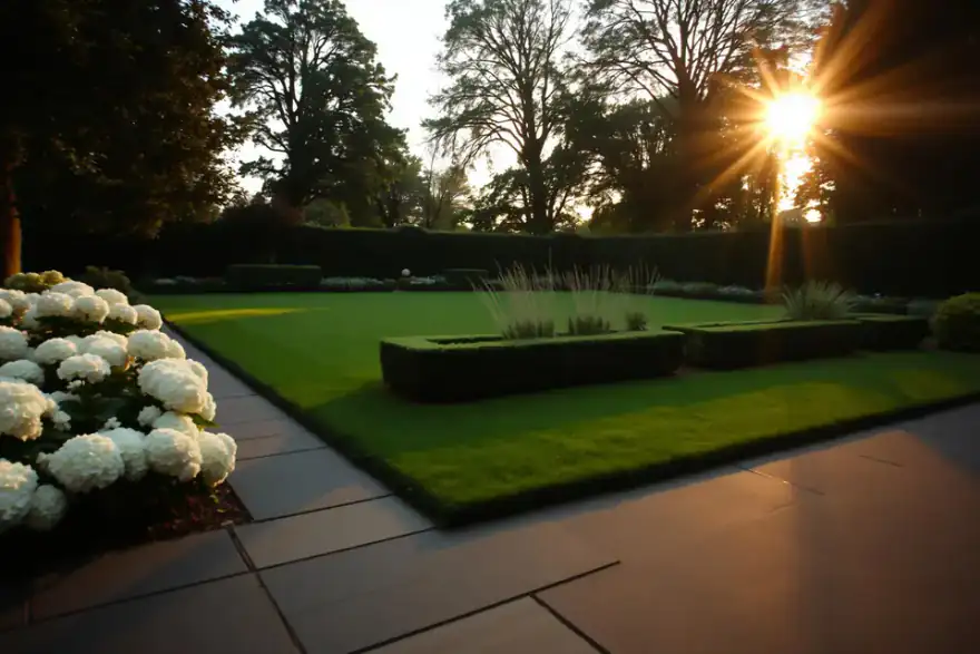 A professionally constructed outdoor patio and garden space at golden hour