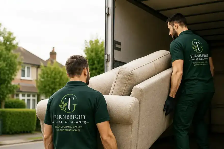 TurnBright house clearance team loading a sofa into a van